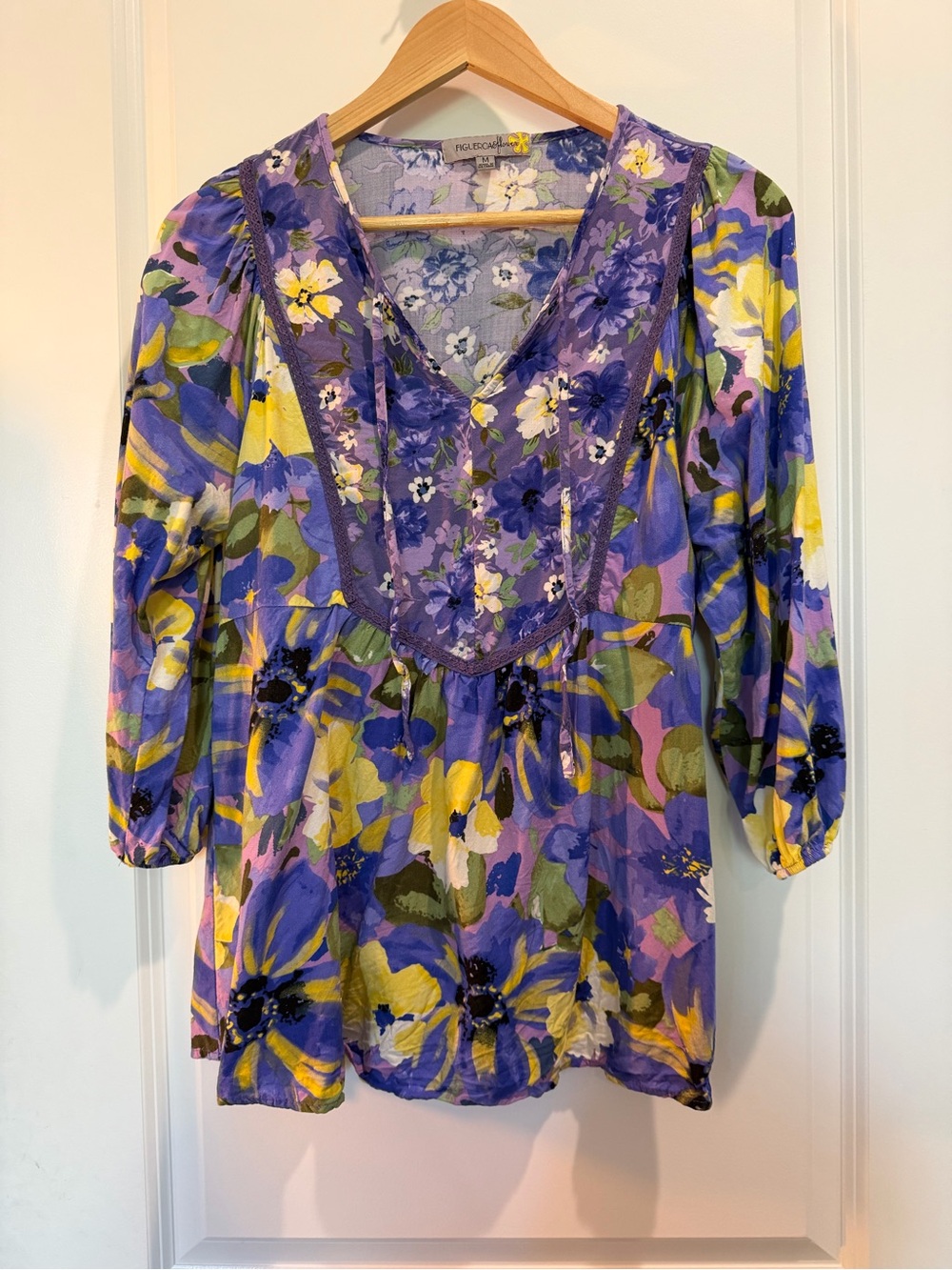 FIGUEROA‎ & FLOWER Purple Floral Peasant Blouse Medium Rayon Boho Cottagecore